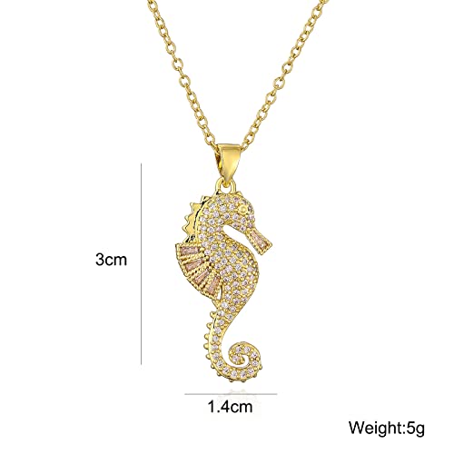 18K Gold Plated CZ Zircon Seahorse Pendant Necklace For Women 17.7"+2"2