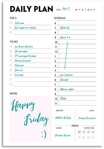Daily Planner Pad - A5 Calendar, Scheduler, Organizer with Priority, To Do List, Appointments, Notes, Meals and Water Intake Tracker, 50 Undated Tear-Off Sheets, 14.8x21.5cm