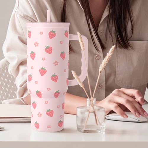 SANDJEST Strawberry Tumbler with Handle 40oz – Insulated Stainless Steel Travel Coffee Mug Cup for Girls Women, Gift for Christmas, Birthday by SANDJEST - Image 7