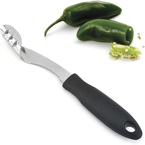 Jalapeno - Cortador de pimienta de acero inoxidable para picador de pimienta con rebanada dentada y mango de goma, fácil de quitar semillas para