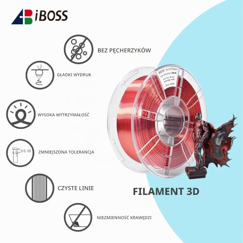 iBOSS PLA+do drukarki 3D, filament PLA 1,75 mm, dwukolorowy jedwabny współwytłaczany, błyszczący filament do druku 3D 1 kg, dwukolorowy czarno-czerwony