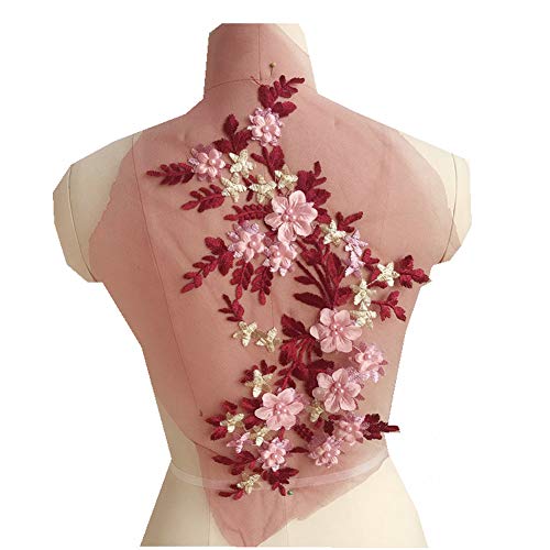 2 Pcs Handmade Beads 3D Embroidery Wedding Dress Applique Patch Lace Applique DIY Bridal Headdress Lace Collar Lace Fabric Patches (Dark red)