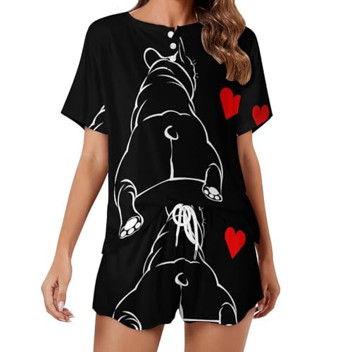 Pyjama femme manches courtes ensemble de nuit été sleepwear bouledogue noir