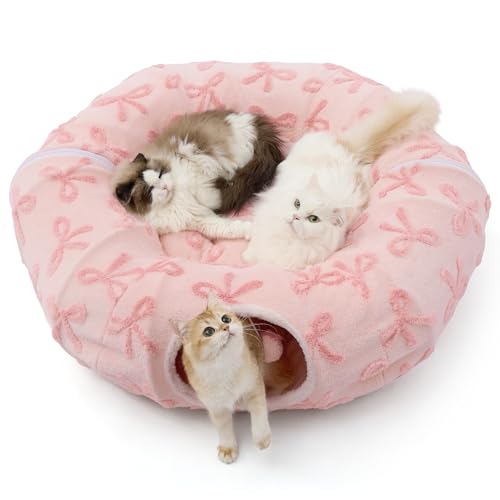 Image of Lesure Large Cat Tunnel Bed - Cute Donut Bed for Indoor Cats with Washable Circle Cushion, Round Pet Peekaboo Cave Toy for Multi Kitten /Puppy /Rabbit, Large Pink Taffy