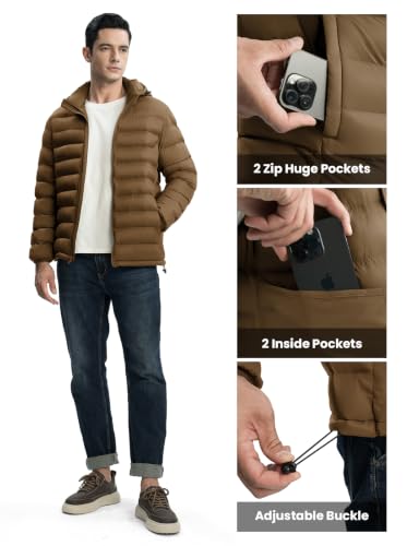 Image of TBMPOY Men's Lightweight Puffer Jackets Detachable Hood Water-Resistant Casual Winter Coat Hooded Insulated for Travel Ski