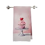 WNAGT Pink Cupcake Valentine's Day Kitchen Towels, Valentine's Day Gifts for Her Girlfriend Wife, Cake Baker Baking Gifts Decorative Dish Tea Hand Towels for Kitchen, 16x24 Inch