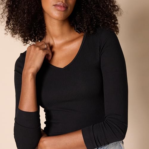 Image of Amazon Essentials Women's Slim-Fit Long Sleeve V-Neck Knit Rib Shirts, Pack of 2