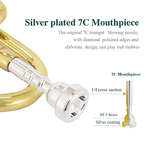 Juuxaan Brass Standard Bb Trumpet Instrument With Hard Case,Gloves, 7C Mouthpiece For Student Beginner (Golden) #TOP1