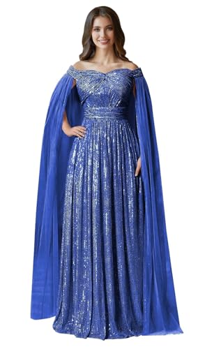 Sequin Formal Dresses for Women Off Shoulder Prom Dresses for Womens Ball Gown Evening Dresses with Cape