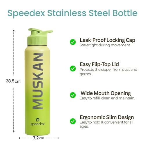 Image of Speedex Customised Stainless Steel Water Bottle 1 Ltr with Name - Personalised Engraved Sipper Cap Bottle for Kids, Men & Women, School, Gym, Office Lime Green, Set of 1