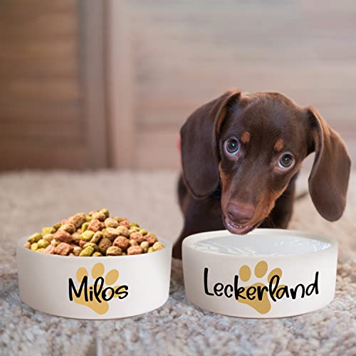 Keramik Doppelnapf mit Namen oder Wunschtext für Hunde & Katzen „Große Pfote“ - personalisiertes Napf-Set mit/ohne Ständer| Hundenapf Futternapf Fressnapf | Futterstation (2X 500ml)
