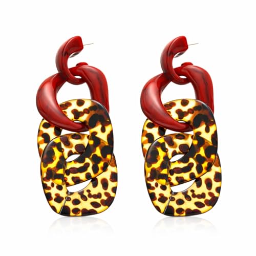 Chunky Chain Link Earrings for Women, Bold Red and Leopard Print Acrylic Statement Earrings, Large Resin Interlocking Link Dangles, Maximalist Fashion Accessory Gift for Her (0106-Link Earrings)