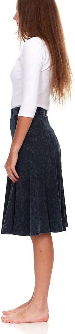 Womens/Teens Thin Ribbed Stonewash Denim Panel Midi Skirt with Elastic Waist Mutiple Lengths