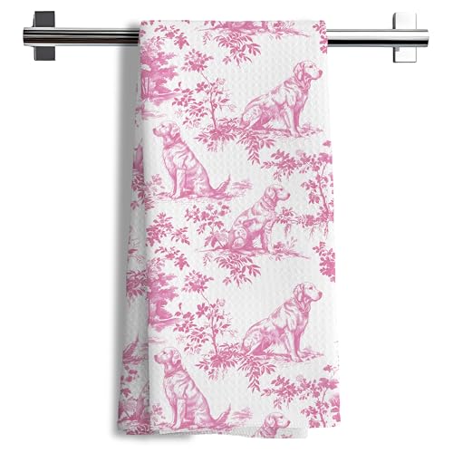 Nipi Pink Chinoiserie Golden Retriever Kitchen Towels, Pink Floral Golden Retriever Decorative Dish Tea Towels, Grandmillennial Botanical Dog Hand Towels for Kitchen Bathroom, 16x24 Inch