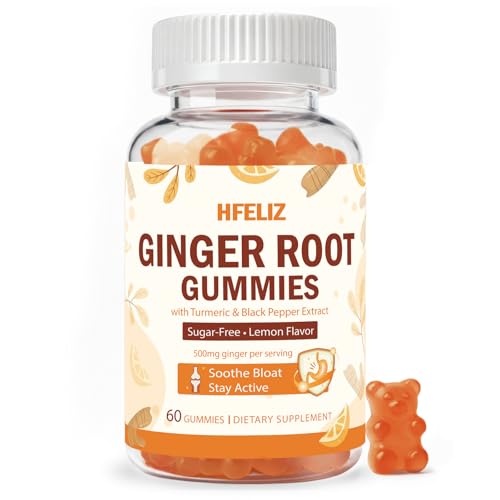 HFELIZ Ginger Gummies 500mg - Turmeric and Ginger Supplement for Digestion Bloating & Mobility Support - Sugar-Free Lemon Flavor with Black Pepper Extract for Enhanced Absorption 60 Count