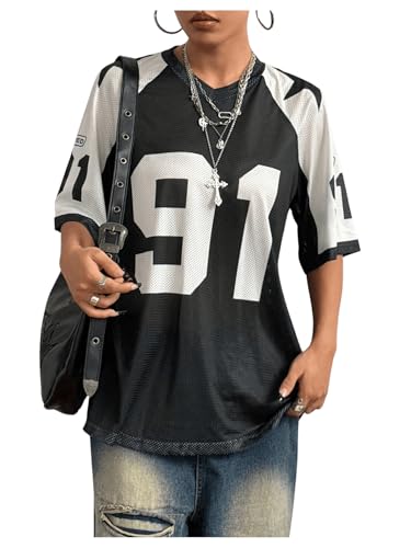 GORGLITTER Women's Letter Graphic Colorblock Oversized T Shirts V Neck Half Sleeve Jersey Tops Black Medium