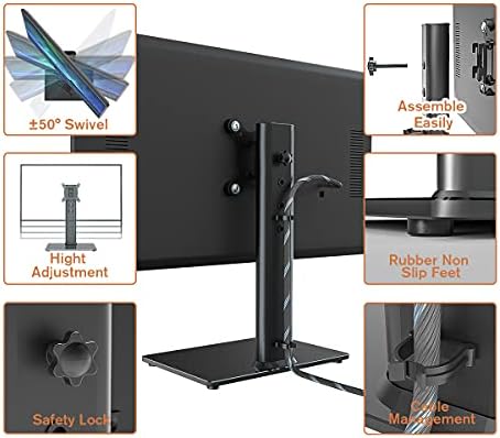 Universal Swivel TV Stand/ Base Table Top TV Stand for 13 to 32 inch TVs with 100 Degree Swivel, 4 Level Height Adjustable, Heavy Duty Tempered Glass Base, Holds up to 35kg HT07B-001P