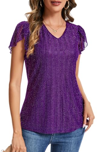 Womens Glitter Tops Short Sleeve Dressy V Neck Sparkly Casual Double Layers Shirts