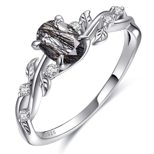 OLIVIASO Black Rutilated Quartz Gemstone Engagement Ring 925 Sterling Silver Ring Vine Leaf Black Rutilated Quartz Wedding Rings for Women Oval Cut Promise Ring for Her Size 8