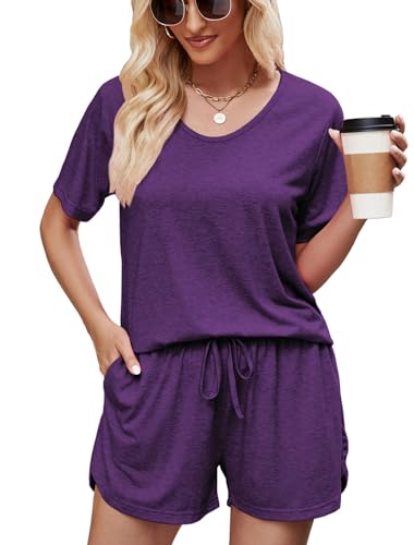 Image of MOYEE Womens Pajama Sets Soft Short Sleeve Shirt and Shorts 2 Pieces Lounge Outfit Sets with Pockets