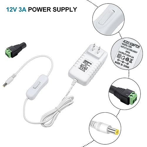Image of 12V Power Supply, 12 Volt 3A 36W DC Power Supply with On Off Switch, White Switching LED Power Adapter, AC 110V to 12V Wall Wart Transformer Plug for LED Strip Lights with 5.5 /2.1 DC Female Connector