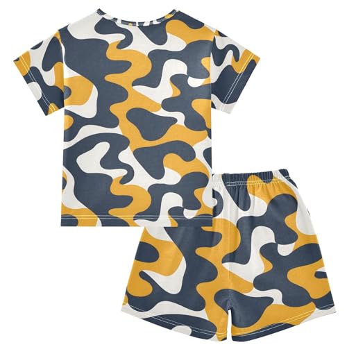 ALAZA Blue Abstract Yellow Pajamas Set Short Sleeve Cotton Sleepwear Summer Pjs 2 Piece 5-14Y2