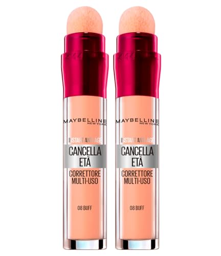 Maybelline New York Concealer, flüssig, zum Abdecken von Augenringen, Unvollkommenheiten und kleinen Falten, mit Schwammapplikator, Farbe 08 Buff, 2 Korrekturstifte