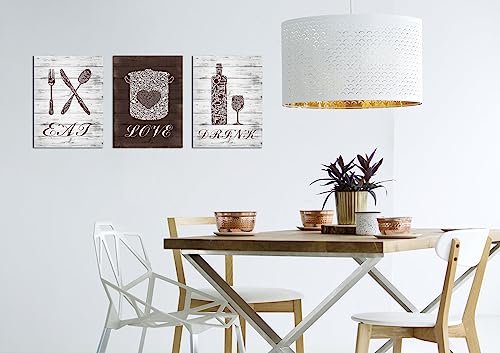Nutartpic 3 Panels Rustic Dining Room Canvas Eat Drink Love Wall Art Mosaic Pattern Prints Poster Kitchenware Pictures Vintage Home Kitchen Restaurant Cafe Bar Wall Decor 12''X16''X3Pcs #TOP4