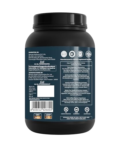 Image of Fitspire Fit Super Whey Protein Powder, Gourmet Coffee Flavour, 1kg | Whey Isolate & Concentrate Blend | 35g Protein per 100g | Digestive Enzymes for Easy Digestion | No Added Sugar | Supports Muscle Recovery & Strength