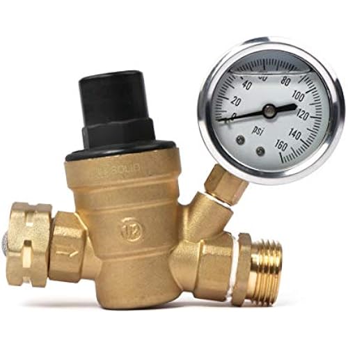 U.S. Solid 3/4 in GHT RV Water Pressure Regulator, Screwdriver-Adjustable Lead-Free Brass Valve with 0-160 psi Gauge and Inlet Filter, for RV Camper Trailer and Garden Hose