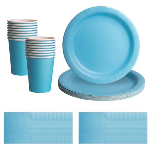 52pcs Blue Disposable Tableware Set - 20 Paper Napkins 16 Cups 16pcs 7inch Paper Plates | Biodegradable Solid Color Blue Dinnerware for Birthdays, Weddings, Kids Adult Christmas Party