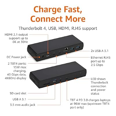Amazon Basics Thunderbolt 4 Pro Docking Station, Dual 4K Monitor Support, 8K Display, 2xTBT4, 1xHDMI2.1, 3xUSB A 3.1, RJ45 Ethernet, Black, 7.86 x 2.95 x 1.23 inches