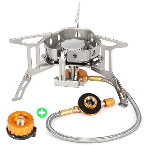 SEADESKY Gas Campingkocher Gaskocher mit Piezozündung Faltbar Gaskocher Gasbrenner mit Adapter Winddicht Gas Camping Kocher Gaskocher für Camping Trekking Hiking Picknick Gasbrenner 3500W