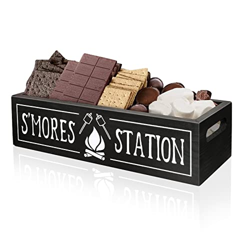 MINCORD S'mores Station Box - Wooden Smores Bar Holder Caddy Tray Kit with Handles, Farmhouse Food Container Accessories Storage Organizer for Kitchen Decor Outdoor Camping BBQ Birthday Party Gift