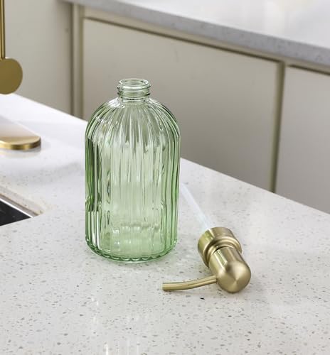 Image of 16Oz Green Glass Soap Dispenser with Rust Proof Stainless Steel Pump, Green Stripe Bathroom Hand Dish Lotion Dispensers with Brushed Gold Pump,Brushed Gold Glass Soap Dispenser,2 Packs
