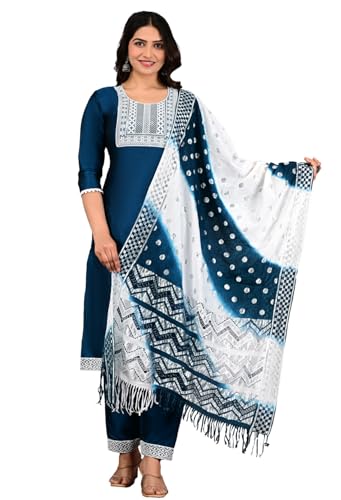 Image of Women's Silk Embroidered Kurta with Pant and Dupatta Set, Straight Style