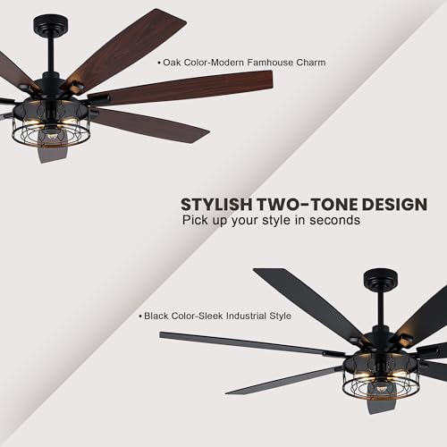 Image of Dawn Whisper 72 Inch Farmhouse Ceiling Fans with Lights Black Industrial Caged Ceiling Fans with 6 Speed Reversible Motor and Dual Finish 8 Blades Rustic Ceiling Fan for Living Room