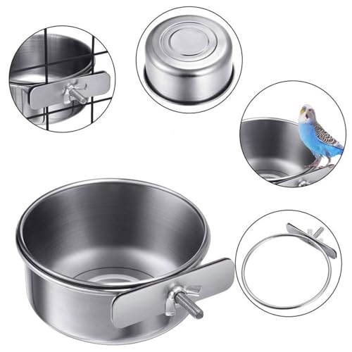 4 Stück Vogel Futternapf zum Einhängen mit Edelstahlhalter für Papageien, Wellensittich - Wasser und Futter Näpfe im Vogelhaus (10cm x 4.5cm)