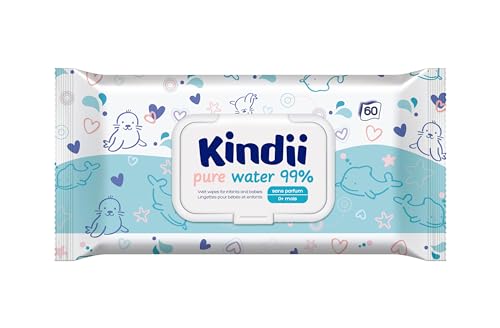 Kindii Lingettes Humides pour Bébés Pure Water 99% - (60 Pièces) Lingettes Humides - 99% eau, allantoïne, non parfumée, testée dermatologiquement, pour peaux sensibles - 60 Pièces