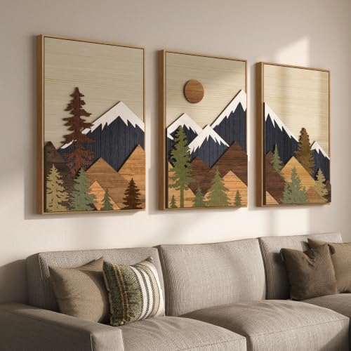 Framed 3D Wood Mountain Farmhouse Wall Art for Living Room Decor, 24x36 In