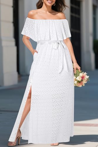 Image of Pinup Fashion Women Plus Size Summer Dresses - Off The Shoulder Wedding Guest Eyelet Casual Maxi Dress Pockets