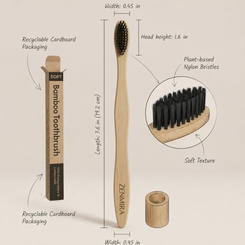Image of ZENMIRA Bamboo Toothbrush with Activated Charcoal Soft Bristles for Adults, Eco-Friendly BPA-Free Wooden Toothbrush, Biodegradable Natural Handle, Organic Teeth Whitening Brush - (Pack of 3)