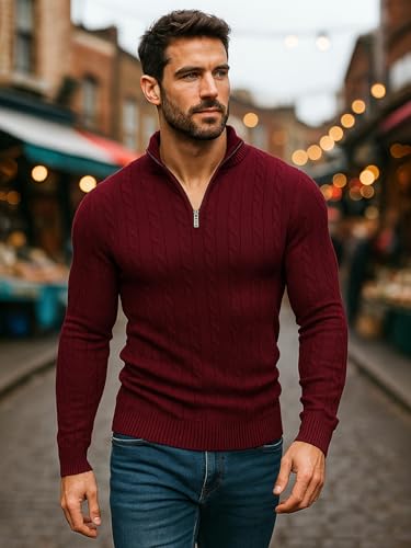 Image of TYSORT Men High Neck Zipper Full Sleeve Cable Knitted Winter Sweater,Cable Knit Sweater for Men