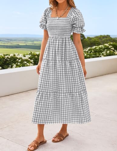 Image of ZESICA Women's 2026 Boho Summer Dresses Gingham Puff Sleeve Square Neck Flowy Beach Midi Dress