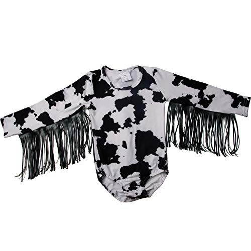 Image of QLIyang Newborn Toddler Baby Girl Cow Print Long Sleeve Bodysuit Romper Jumpsuit Outfit Casual Infant Clothes with Tassels 3-6M