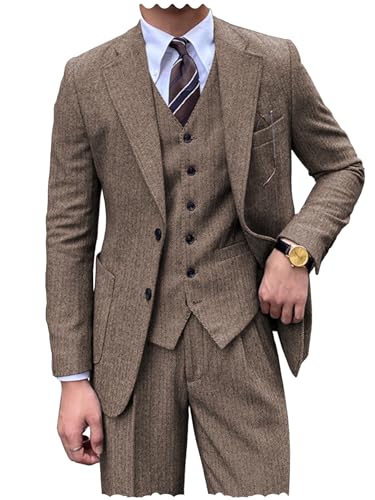Men Retro Tweed Suit 3 Piece Herringbone Slim Fit Suits Wedding Groom Tuxedos