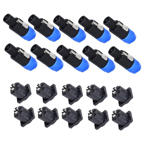 Image of HBU 10 Sets 4 Pole Speakon Connector Kit - 10pcs NL4 Speakon Connectors & 10-pcs 4 Pin Panel Mount Chassis Socket - Twist Lock for NL4FC, NL4FX, NL4FRX, NL4MPR Adapter Plugs (Blue)