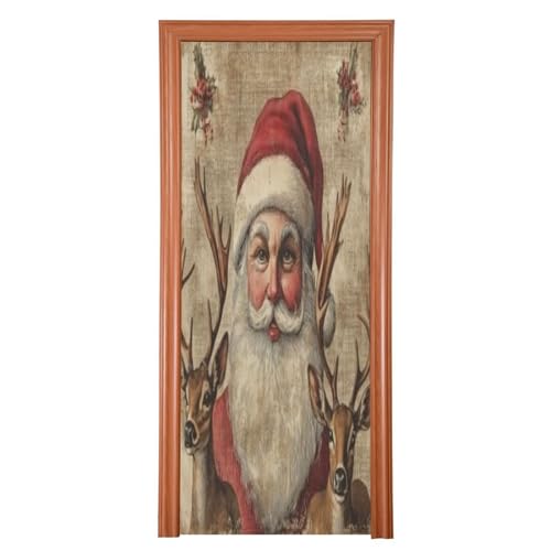 J JOYSAY Christmas Reindeer Santa Door Decorations Door Cover Christmas Decorations Large Fabric Front Door Covers Decoraions for Christmas Decorations,35x79 in