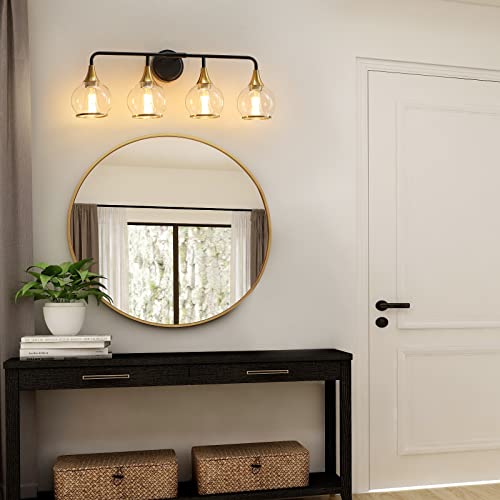 Image of Black and Gold Bathroom Vanity Light 4-Light Bathroom Vanity Light Fixtures Over Mirror with Clear Glass Shade 30.7 inch Wall Sconce Lighting Bath(Exclude E26 Bulb)
