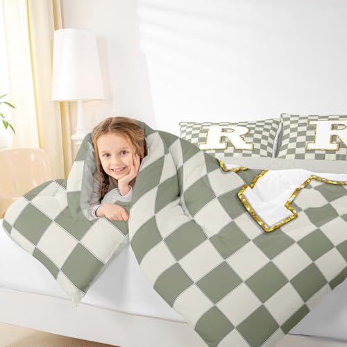 Image of Erosebridal Sage Green Checkered Kids Comforter Sets Plaid Initial R King Bedding Set for Adults Personalized Monogram Comforter Set,Fashion Grids Gingham Quilt Duvet 3 Pcs
